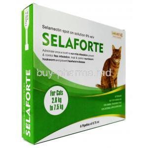 SELAFORTE For Cats 2.6kg to 7.5kg 0.75ml x 6 Pipettes , Box, Side view