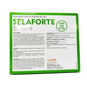 SELAFORTE For Cats 2.6kg to 7.5kg 0.75ml x 6 Pipettes, Box information, Indication, Dosage, Warnings, Manufacturer