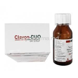 Clavon-DUO Oral Suspension, Amoxycillin and Clavulanic Acid 30ml box top and bottle side
