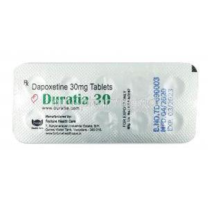 Duratia, Dapoxetine 30mg box tablet back