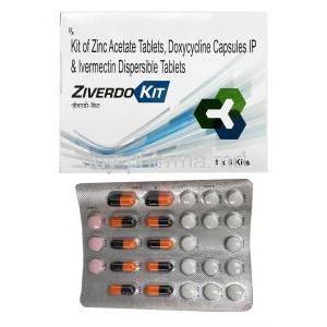 Ziverdo Kit, Zinc Acetate, Doxycycline and Ivermectin box and tablet