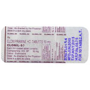 Clonil, Generic Anafranil,  Clomipramine Hydrochloride 50 Mg Tablet Information