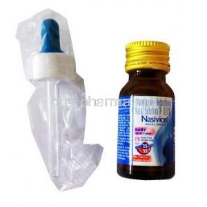 Nasivion Nasal Solution, Oxymetazoline Hydrochloride 0.01% 10ml  Merck, bottle and dropper