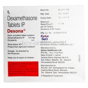 Dexona, Dexamethasone 0.5mg, Box information, Batch no, Mfg date, Expiry date, Manufacturer