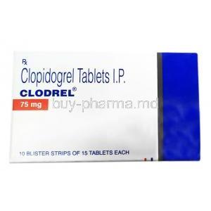 Clodrel, Clopidogrel 75mg, Unichem Laboratories, Box front view