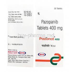 Pazonat, Pazopanib 400mg, 30tablets,Natco Pharma, Box information
