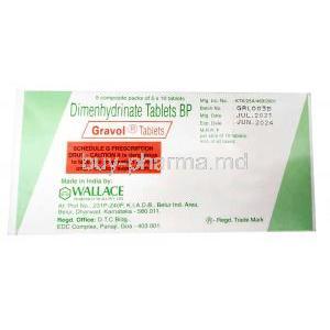 Gravol, Dimenhydrinate 50 mg, Wallace Pharma, Box information, Mfg date, Exp date