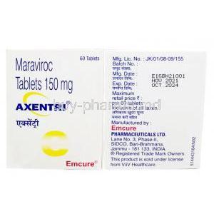 Axentri, Maraviroc 150mg, Emcure Pharmaceuticals Ltd, Box information, Mfg date, Exp date