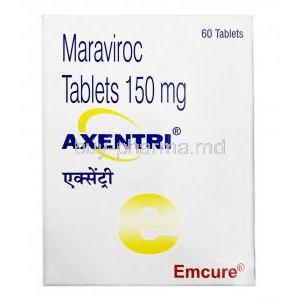 Axentri, Maraviroc 150mg, Emcure Pharmaceuticals Ltd, Box front view