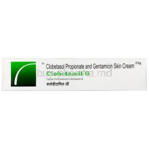 Clobetamil G Cream,Clobetasol 0.05% w/w/ Gentamicin 0.1% w/w, cream 25g, Merck, Box front view
