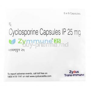Zymmune 25, Cyclosporine 25mg, 6caps,Zydus Cadila, Box front view