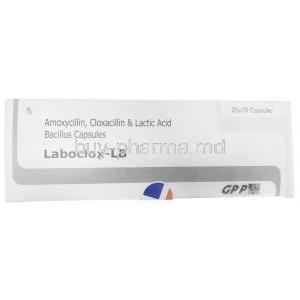 Laboclox LB, Amoxycillin 250mg,Cloxacillin 250mg, Lactobacillus 90 Million Spores, GPP, Box top view