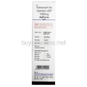 Azform Injection,Aztreonam 1000mg (1g), Vial, Unifaith Biotech (P) Limited, Box information, Mf date, Exp date