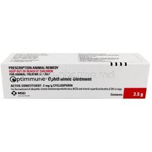 Optimmune Ointment, Cyclosporine 0.2％ (2mg/gm), Eye Ointment 3.5g, MSD Animal Health, Box information, contents