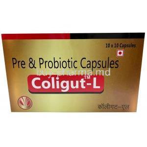 Coligut-L,  Prebiotic and Probiotic capsule, Leeford healthcare, Box front view