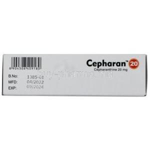 Cepharan 20, Cepharanthine 20 mg, Capsule, Maxent, Box information, Mfg date, Exp date