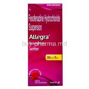 Allegra Suspension, Fexofenadine 30mg/5mL, Suspension 100mL, Box front view