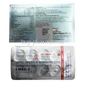I-Meg 3, Omega 3 Fatty Acid /Zeaxanthin /Lutein /Astaxanthin, Softgel Capsule, Optho Pharma Pvt Ltd, ,Box, Blisterpack information