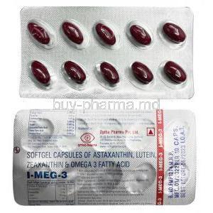 I-Meg 3, Omega 3 Fatty Acid /Zeaxanthin /Lutein /Astaxanthin, Softgel Capsule, Optho Pharma Pvt Ltd, Blisterpack information