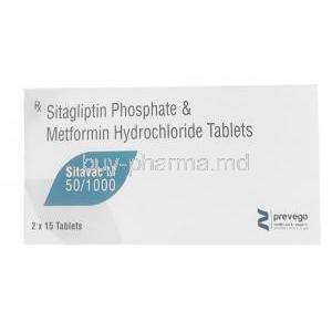 Sitavac M, Sitagliptin 50mg, Metformin 1000mg, 15 Tablets, Prevego Healthcare, Box front view
