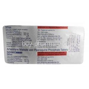 Synriam,Arterolane 150mg/ Piperaquine 750mg, 3tablets, Sun pharma, Blisterpack information