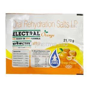 Electral Oral Rehydration Salts Powder  Orange fravour, 21.8 g per Sachet, FDC Ltd, Sachet front view
