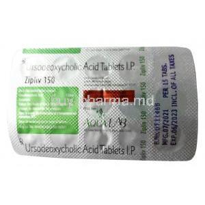 Zipliv, Ursodeoxycholic Acid  150mg, 15tablets, Aqua Lab, Blisterpack information