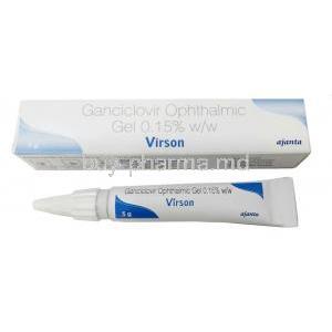 Virson Gel, Ganciclovir 0.15%, Eye Drops (Gel) 5g, Ajanta Pharma, Box, Tube  front view