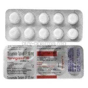 Torvigress 10, Torasemide 10mg, La Renon Healthcare, Blisterpack front view and back view