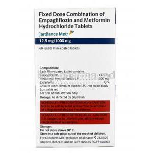 Jardiance Met, Empagliflozin 12.5 mg / Metformin 1000 mg, 60 tablets, Boehringer Ingelheim, Box information