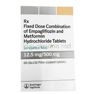 Jardiance Met, Empagliflozin 12.5 mg / Metformin 500 mg, 60 tablets, Boehringer Ingelheim, Box front view