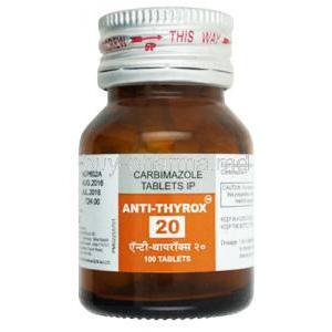 Anti-Thyrox, Carbimazole 20 mg, Macleods Pharmaceuticals, bottle front view
