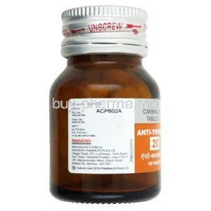 Anti-Thyrox, Carbimazole 20 mg, Macleods Pharmaceuticals, bottle side view