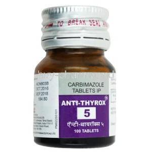 Anti-Thyrox, Carbimazole 5 mg, Macleods Pharmaceuticals, bottle front view