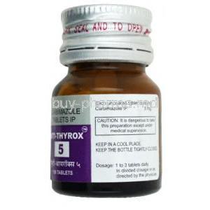 Anti-Thyrox, Carbimazole 5 mg, Macleods Pharmaceuticals, bottle side  view