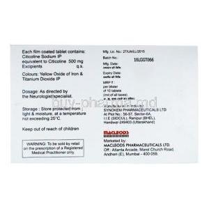 Citimac, Citicoline 500 mg, Macleods Pharmaceuticals, box back presentation with information