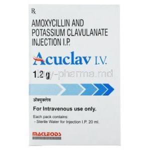 Acuclav IV Injection, Amoxycillin 1000 mg / Clavulanic Acid 200 mg, Macleods Pharmaceuticals Pvt Ltd, box front presentation