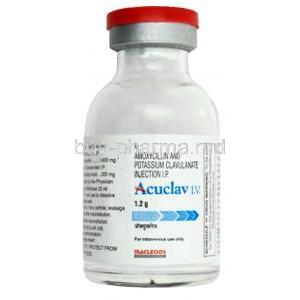 Acuclav IV Injection, Amoxycillin 1000 mg / Clavulanic Acid 200 mg, Macleods Pharmaceuticals Pvt Ltd, vial bottle