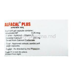 Alfacal Plus, Alfacalcidol 0.25mcg/ Calcium 200mg, Capsule, Macleods Pharmaceuticals Pvt Ltd, box back presentation