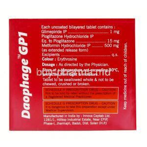 Daophage GP1, Glimepiride 1 mg/ Pioglitazone 15 mg/ Metformin 500 mg, Innova Captab Ltd, Box information