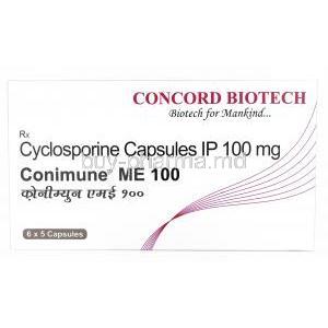 Conimune ME, Cyclosporine 100mg, Concord Biotech Ltd, Box front view