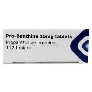 Pro-Banthine, Propantheline 15mg, 112tablets Kyowa Kirin UK, Box side view