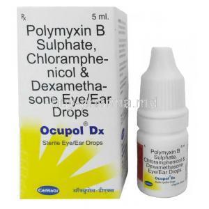 Ocupol DX Eye&Ear Drops, Chloramphenicol, Dexamethasone and Polymyxin B, Box, Bottle