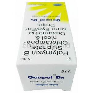 Ocupol DX Eye&Ear Drops, Chloramphenicol, Dexamethasone and Polymyxin B, Box top view