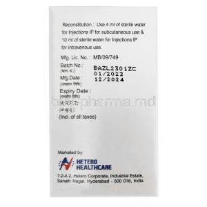 Azashine  Injection, Azacitidine 100mg, Injection vial, Hetero Drugs Ltd, Box information, Mfg date, Exp date