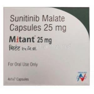 Mitant 25mg, Sunitinib 25mg,Capsule, Hetero Drugs Ltd, Box front view
