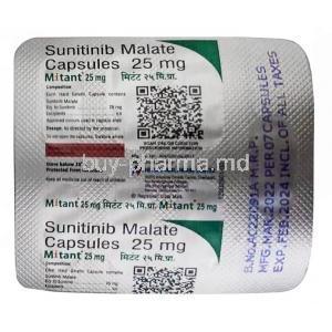 Mitant 25mg, Sunitinib 25mg,Capsule, Hetero Drugs Ltd, Blisterpack information