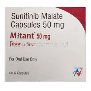 Mitant 50mg, Sunitinib 50mg,Capsule, Hetero Drugs Ltd, Box front view