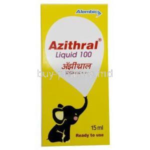Azithral Liquid 100, Azithromycin 20mg per mL, 15mL, Alembic Pharmaceuticals Ltd, Box front view
