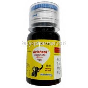 Azithral Liquid 100, Azithromycin 20mg per mL, 15mL, Alembic Pharmaceuticals Ltd, Botthe front view